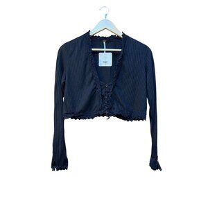 Free People XS Black Ribbed Buttoned Long-Sleeve Cropped Cardigan Lace Hem
